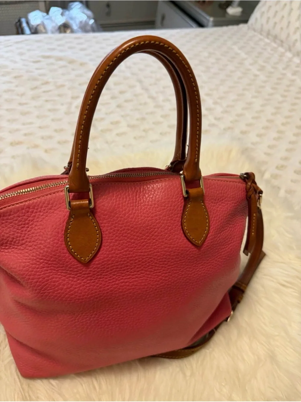 SOLD Dooney & Bourke Pink Pebble Leather Satchel with Tan Trim